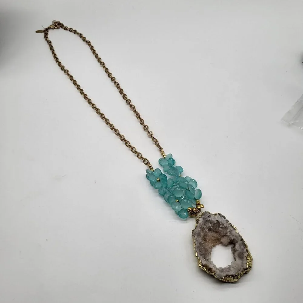 Laura J Finery Gold Plated Brass Necklace Druzy Geode Pendant Teal Gemstones - Picture 4 of 12